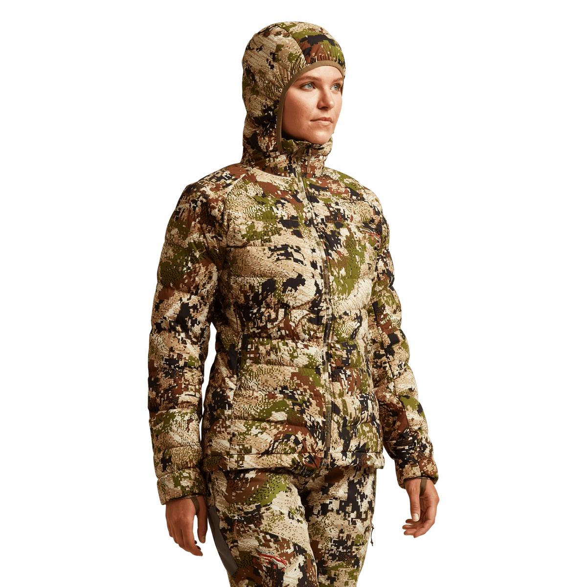 SITKA Gear women's Kelvin Lite down jacket, camouflage pattern, hooded front view