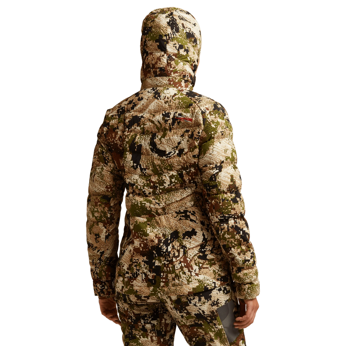 SITKA Gear women's Kelvin Lite down jacket, camouflage back view with hood