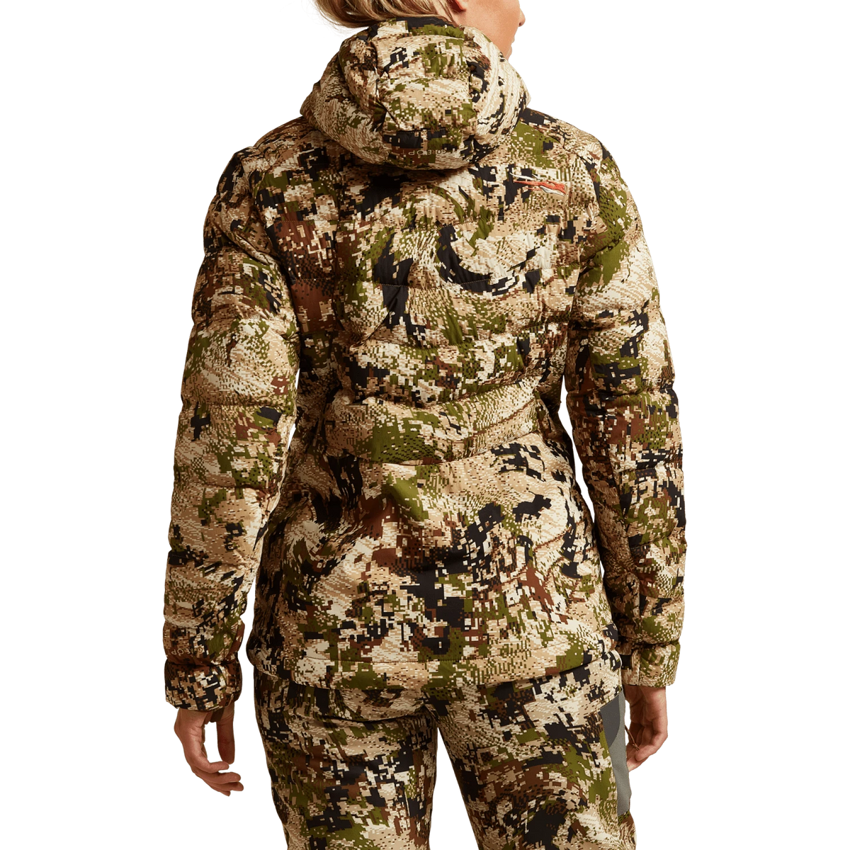 SITKA Gear women's Kelvin Lite down jacket, camouflage close-up from side/back