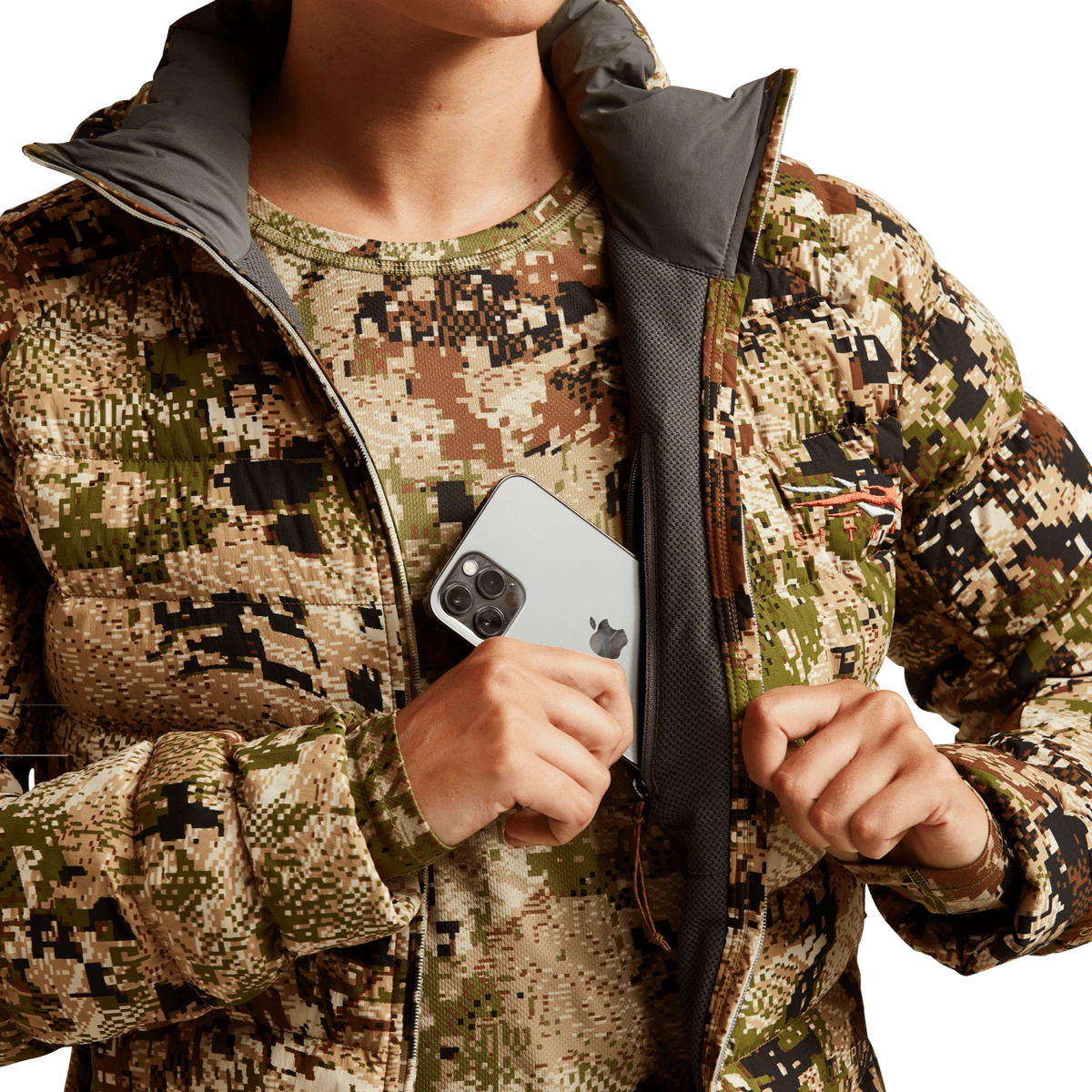 SITKA Gear women's Kelvin Lite down jacket detail with inner lining and phone pocket