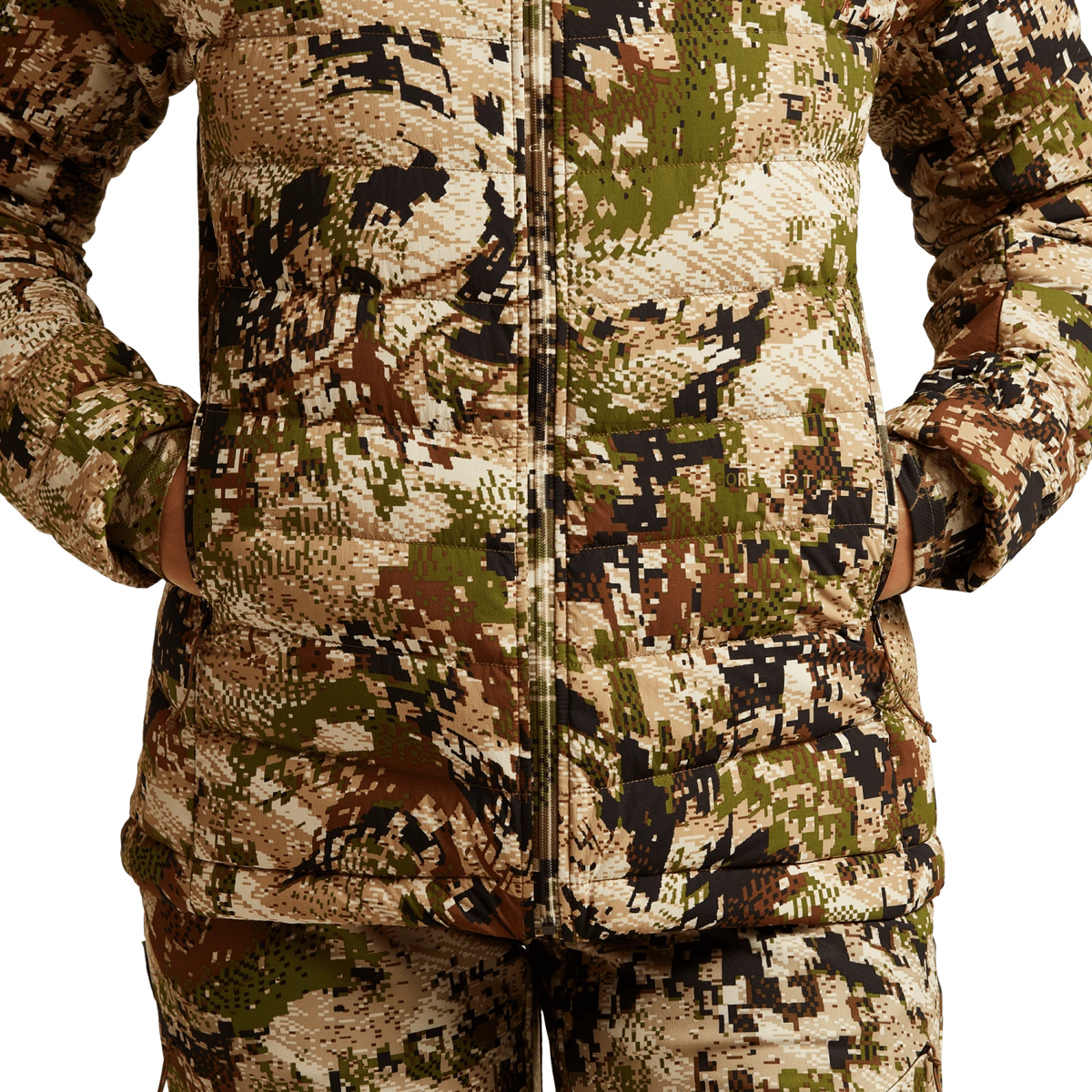 SITKA Gear women's Kelvin Lite down jacket, camouflage front panel with zipper
