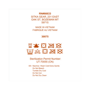 Care and machine wash instructions label with symbols and code details