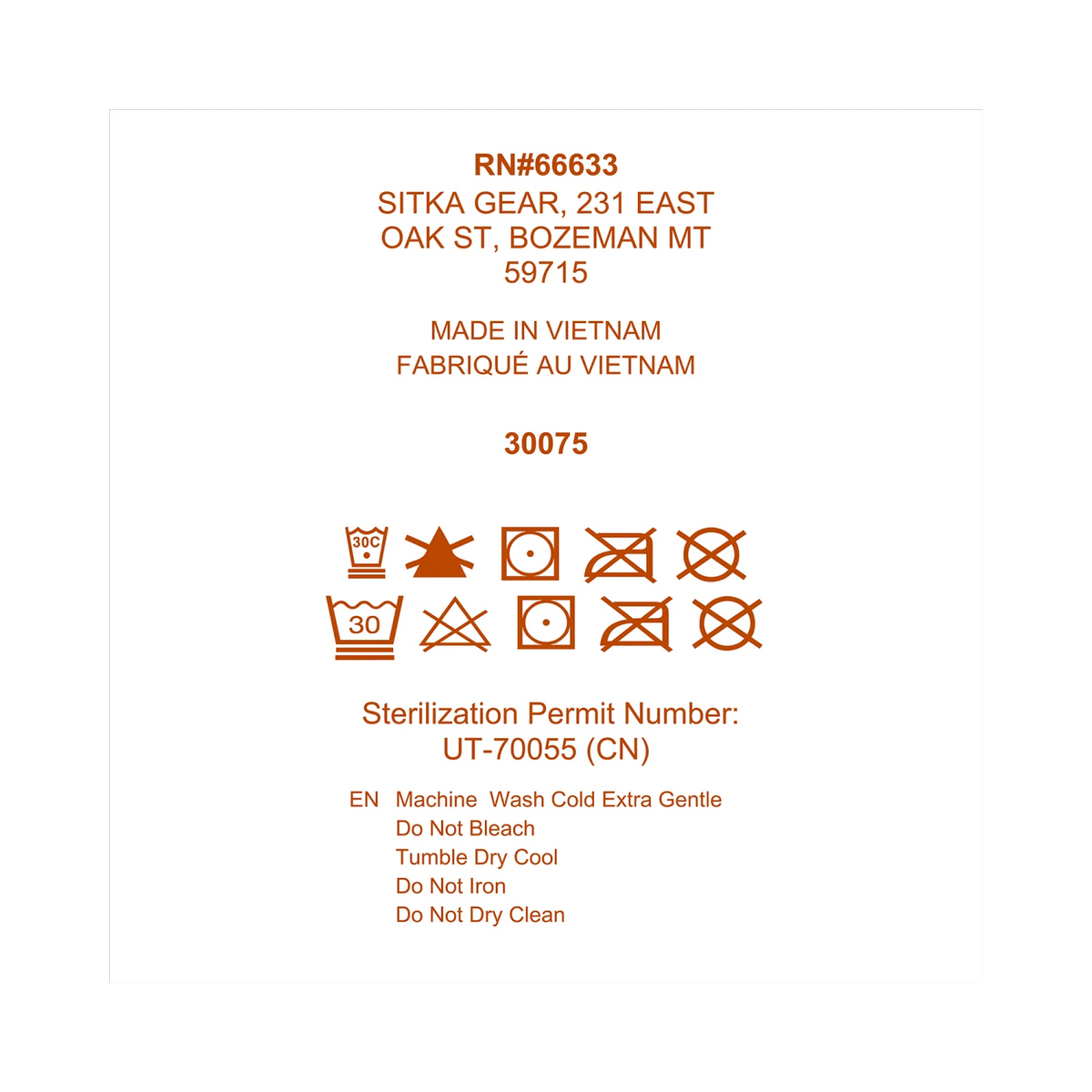 Care and machine wash instructions label with symbols and code details