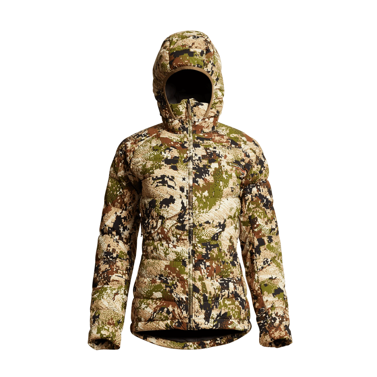SITKA Gear women's Kelvin Lite down jacket in camouflage hooded zip-front design