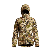 SITKA Gear women's Kelvin Lite down jacket in camouflage hooded zip-front design