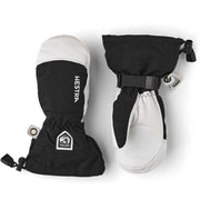 Youth ski mittens in black and white with adjustable wrist strap and drawcord
