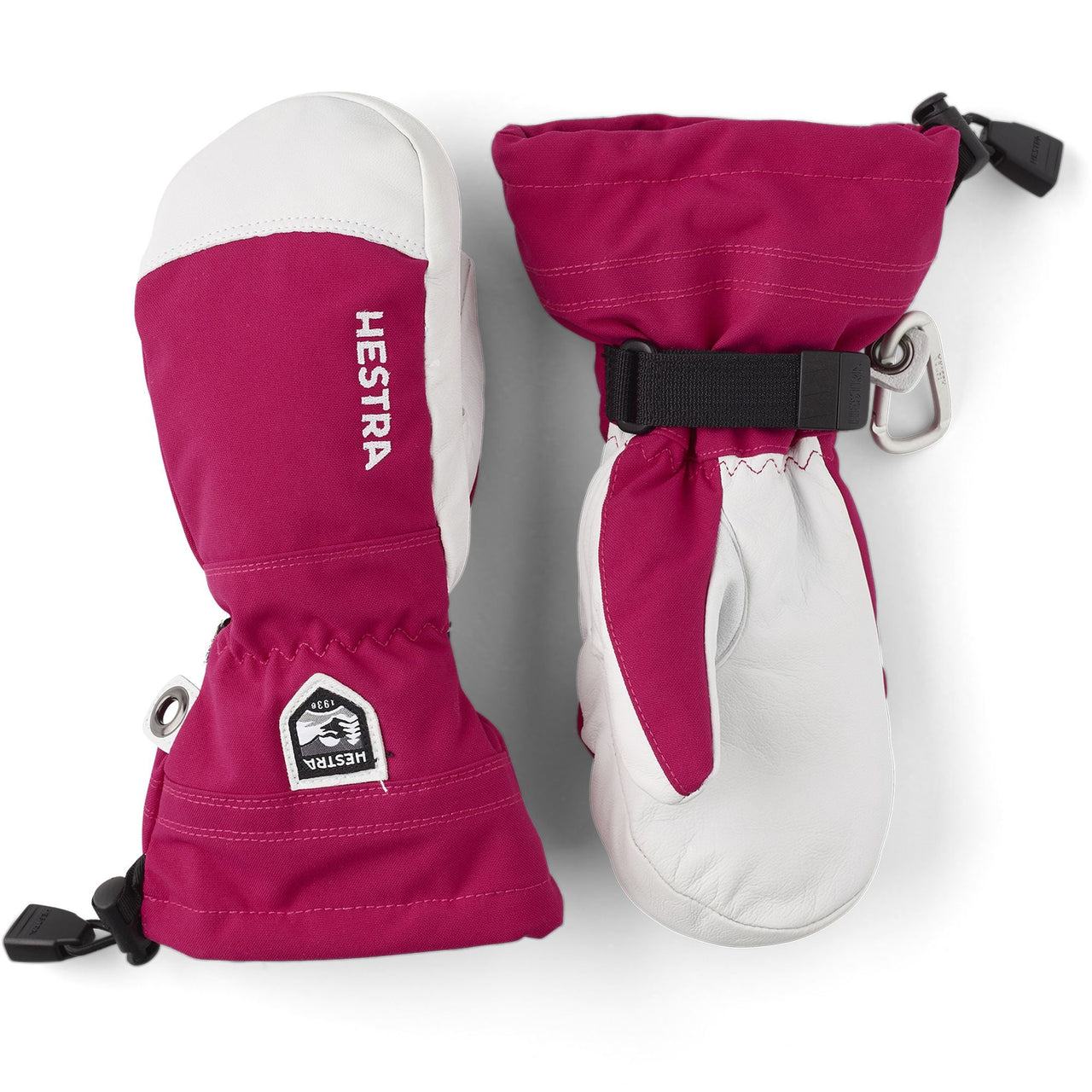 Youth fuchsia insulated ski mittens with white cuffs and wrist strap