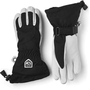 Alpine ski gloves in black with off-white palms, padded cuff and adjustable wrist strap