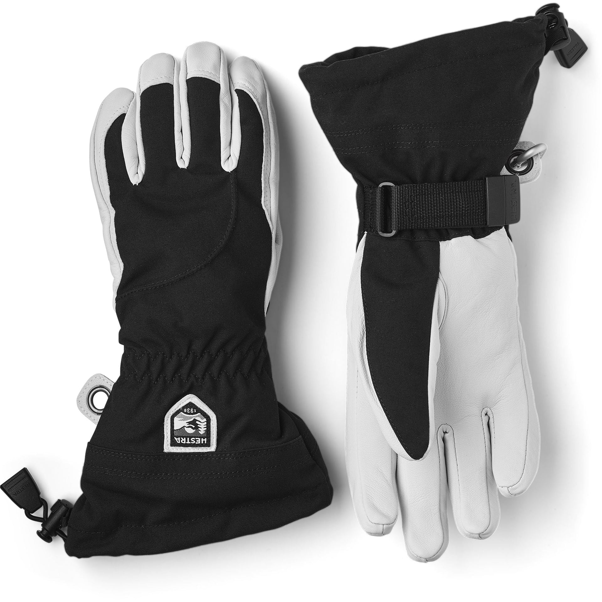Alpine ski gloves in black with off-white palms, padded cuff and adjustable wrist strap