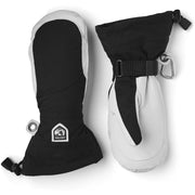 Black and off-white insulated alpine mittens with wrist strap and metal clip loop