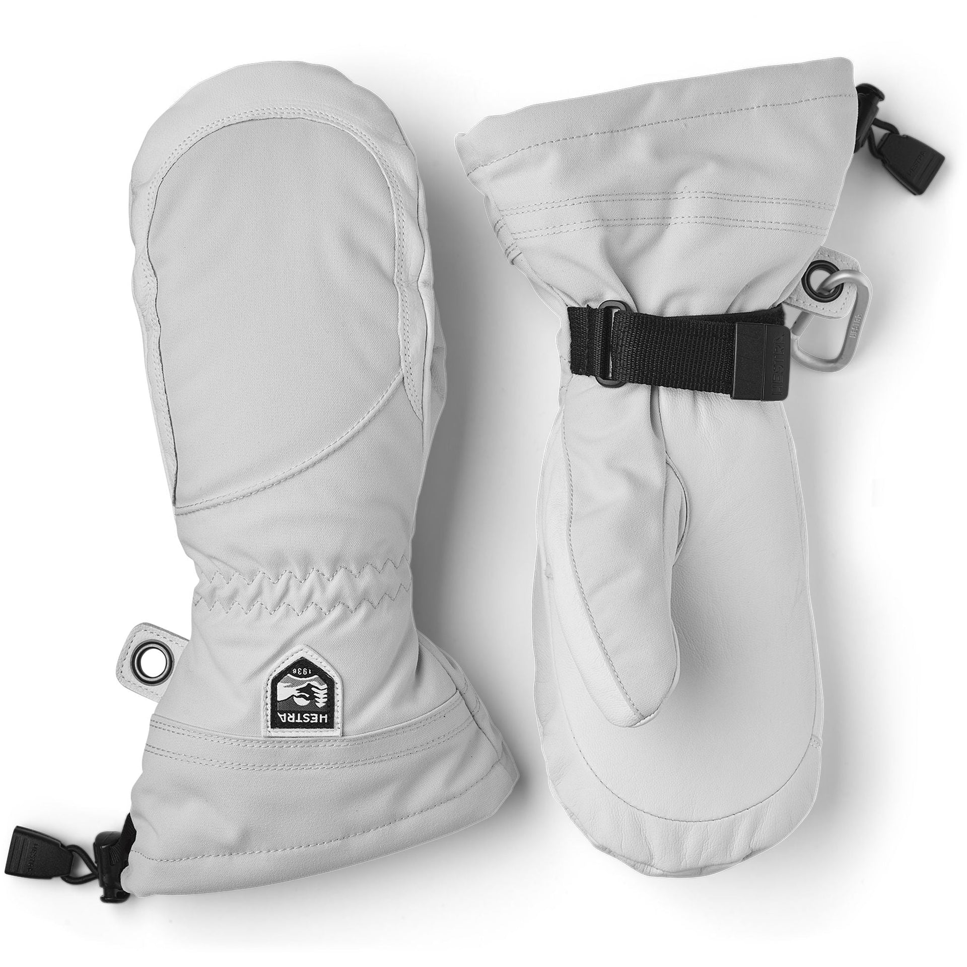 Light grey and off-white insulated alpine mittens with wrist strap and metal clip loop