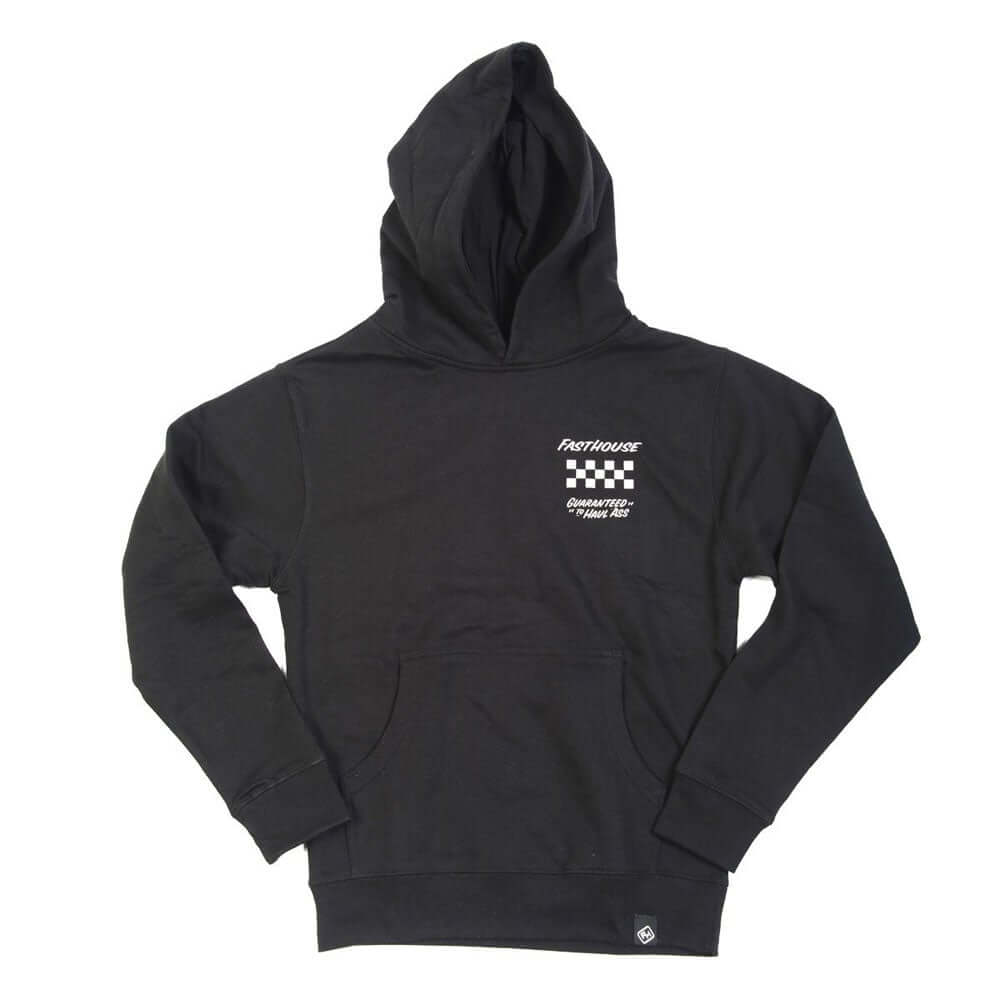 Youth black hooded pullover sweatshirt with front pocket and small chest logo