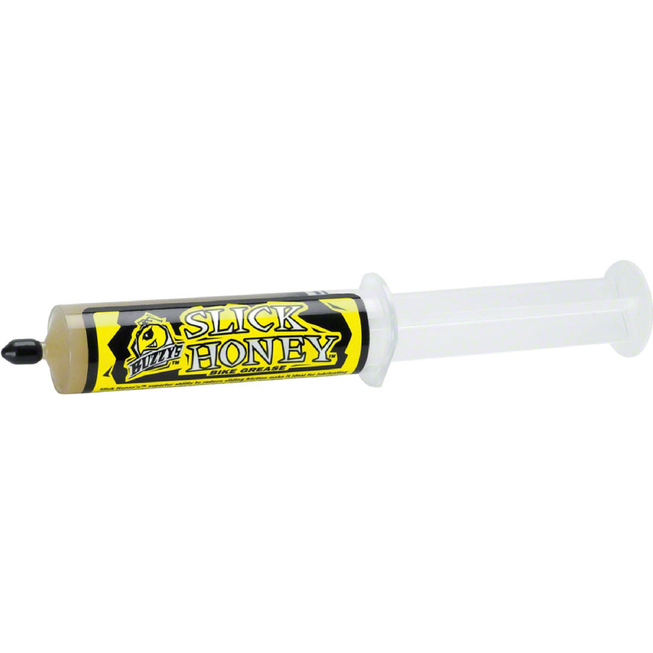 Buzzy's Slick Honey stinger syringe with clear barrel and yellow-black label