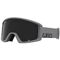 Ski goggles with dark grey frame, black lens, and grey strap with GIRO logo