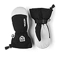 Two-tone black and white Hestra junior waterproof ski mittens with wrist strap and loop.