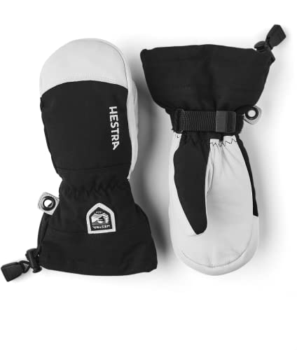 Hestra junior waterproof ski mittens, black pair with wrist strap and drawcord loop.