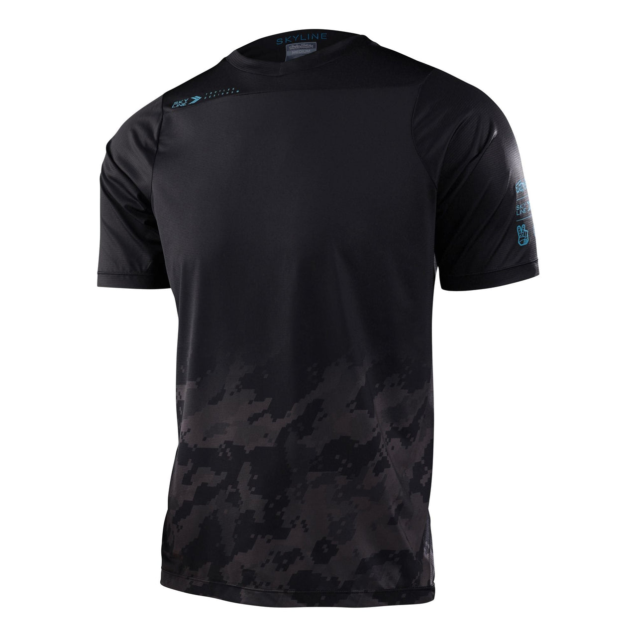 Men's short-sleeve MTB jersey, black with gray camo fade and blue sleeve logo