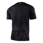 Men's short-sleeve MTB jersey, black with gray camo fade and blue sleeve logo