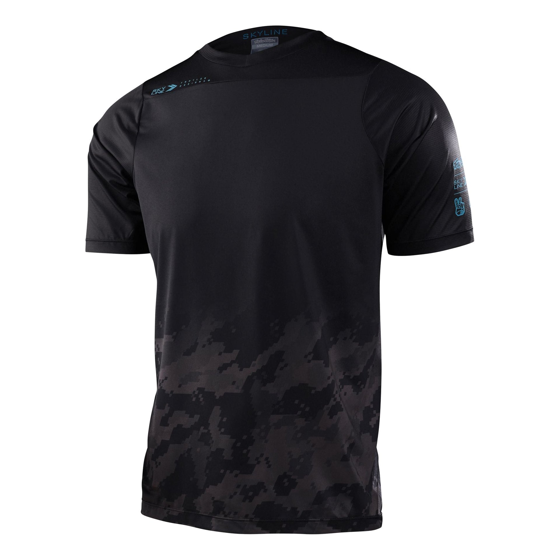 Men's short-sleeve MTB jersey, black with gray camo fade and blue sleeve logo