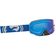 Blue ski goggle with large blue lens and white lion graphic on patterned strap