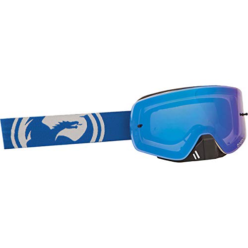 Blue ski goggle with large blue lens and white lion graphic on patterned strap