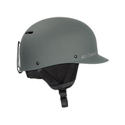 Olive gray matte snow helmet with chin strap and vented front shell