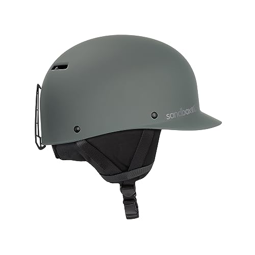 Olive gray matte snow helmet with chin strap and vented front shell