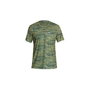 Short-sleeve rashguard in green-blue camo, fitted crew neckline