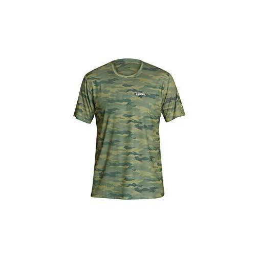 Short-sleeve rashguard in green-blue camo, fitted crew neckline