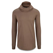 Fleece hooded base layer top with mock neck, long sleeves, brown color