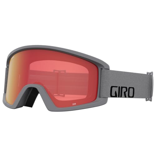 Ski goggles with grey frame, red mirrored lens, and black strap with GIRO logo