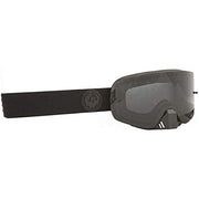 Black ski goggles with dark gray tinted lens and black elastic strap