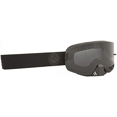 Black ski goggles with dark gray tinted lens and black elastic strap