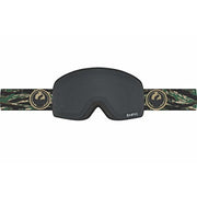 Black snow goggles with dark lens and camouflage patterned strap