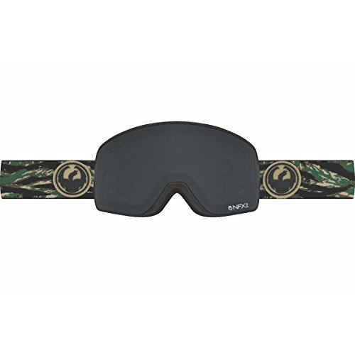 Black snow goggles with dark lens and camouflage patterned strap