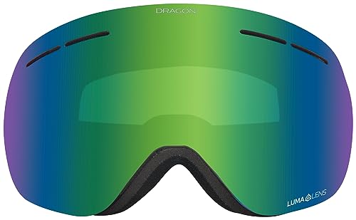 Snow goggles with green-blue mirrored lens and black foam frame.