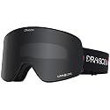 Snow goggles with black frame and dark gray mirrored lens, small side view.