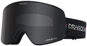 Snow goggles with black frame and dark gray mirrored lens, black DRAGON strap.