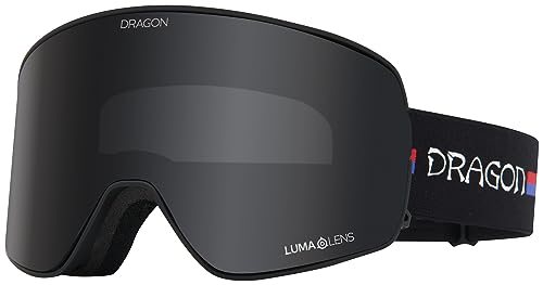 Snow goggles with black frame and dark gray mirrored lens, black DRAGON strap.