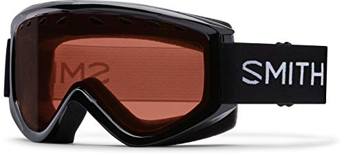 White snow goggles with black frame, red-tinted lens, and Smith logo