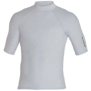 Men's short-sleeve rashguard, high neck, light gray 4-way stretch fabric with sleeve logo