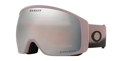 Oakley snow goggles with rose-gray Prizm lens, pink frame and adjustable strap.