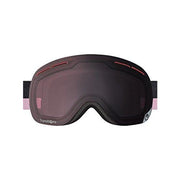 Snow goggles with dark maroon frame and large dark tinted lens, side profile view