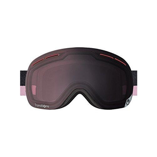 Snow goggles with dark maroon frame and large dark tinted lens, side profile view