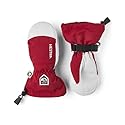 Two-tone red and white junior waterproof ski mittens, strap and pull loop.