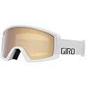 Ski goggles with white frame and amber-tinted lens, black GIRO wordmark on strap