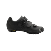 Women's black cycling shoe with Velcro straps and buckle, rubber tread sole