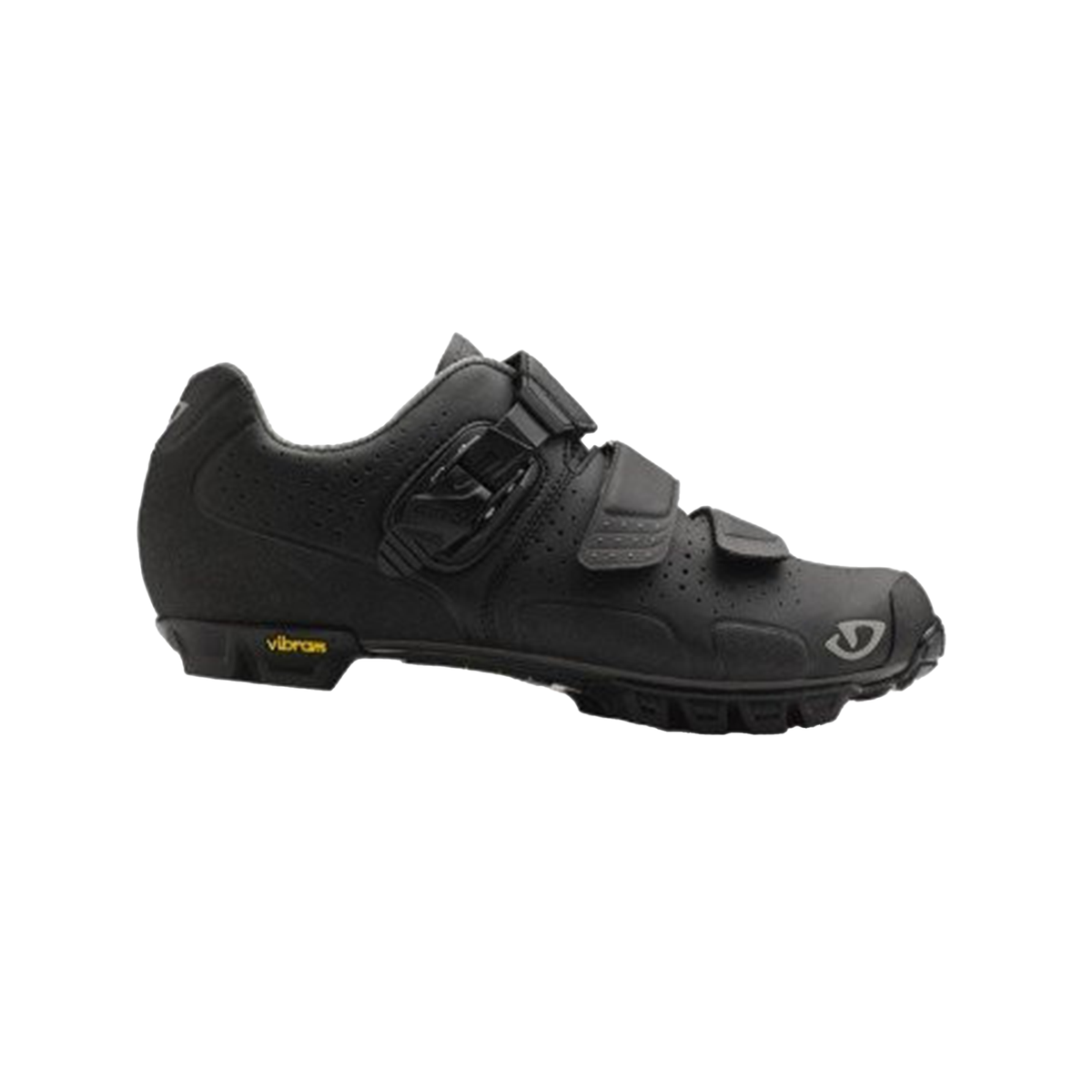 Women's black cycling shoe with Velcro straps and buckle, rubber tread sole