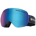Blue snow goggles with purple-to-blue mirrored lens and black side frame