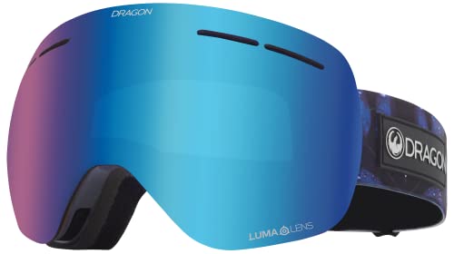 Blue mirrored snow goggles with black strap and molded side frame